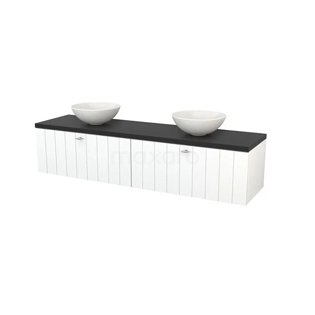 White bathroom furniture set with black countertop wash basin worktop, double basins and ribbed pattern, ideal for modern bathrooms.