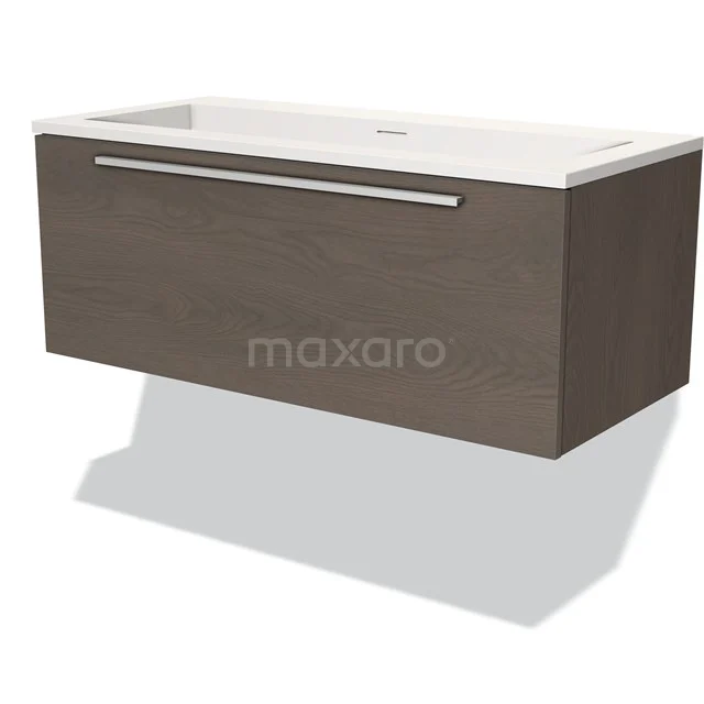 Wall-mounted bathroom cabinet with oak-look, white ceramic basin, sleek metal handle and modern design.