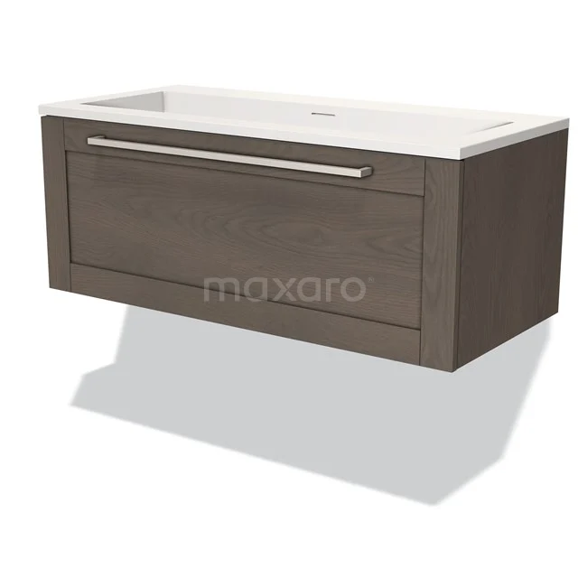 Wooden Bathroom unit with a modern hanging shape, drawers with silver handle and white basin, ideal for stylish bathrooms.