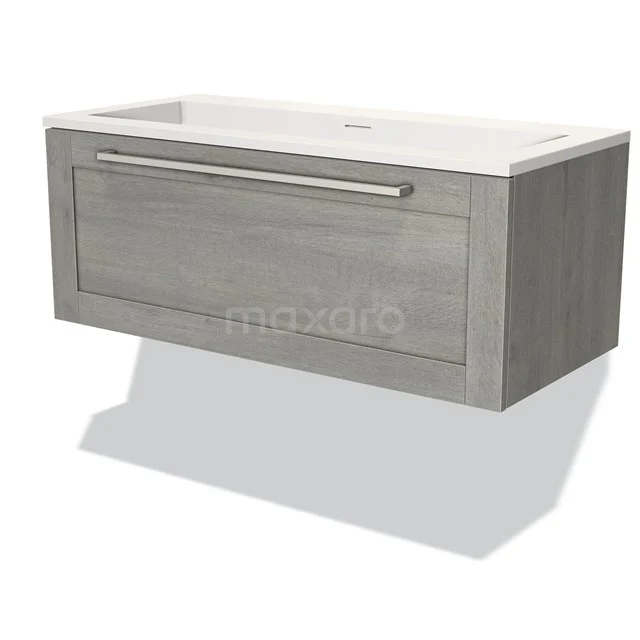 Modulo Bathroom furniture with sink | 100 cm Grey oak Frame front Solid surface 1 drawer BMW11-02622 Grey wooden bathroom unit with white ceramic vanity units with basin, modern drawers with metal handle and sleek design.