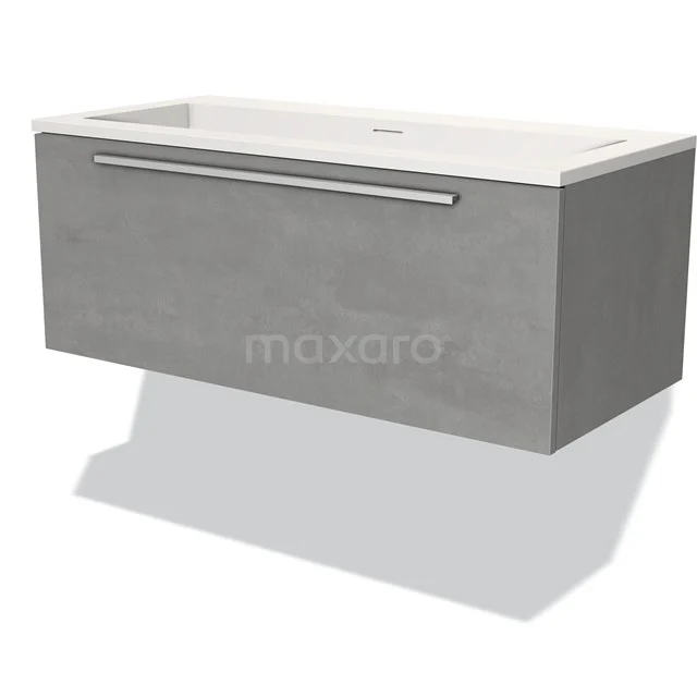 Grey wall-mounted bathroom furniture set with drawers, modern concrete look and integrated ceramic basin.