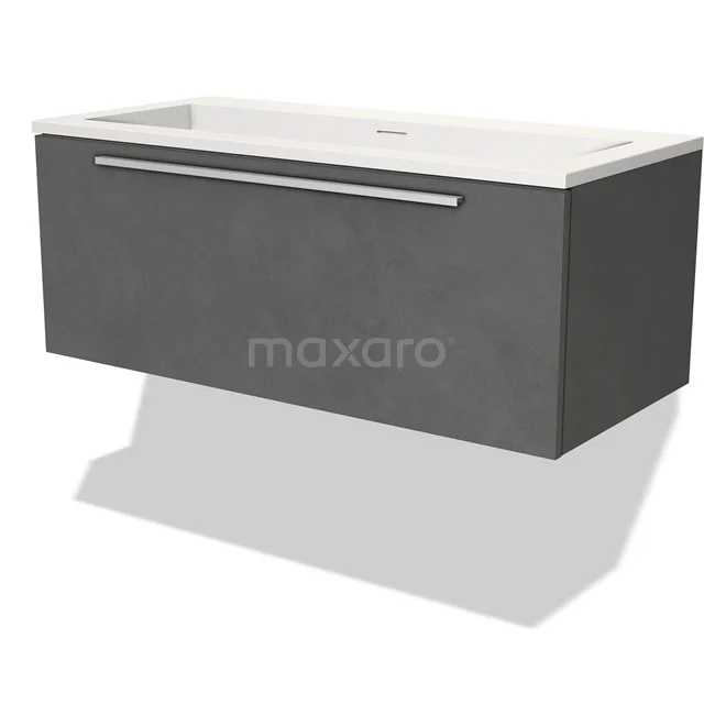 Grey vanity unit with wide drawers, sleek metal handle and white top; modern bathroom solution for style and storage space.