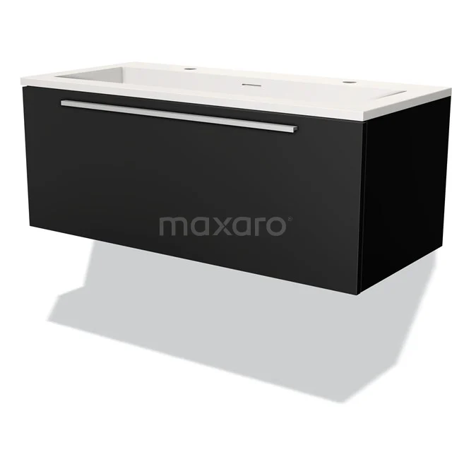 Black hanging vanity unit with glossy white ceramic top and wide storage drawer, ideal for a modern bathroom.