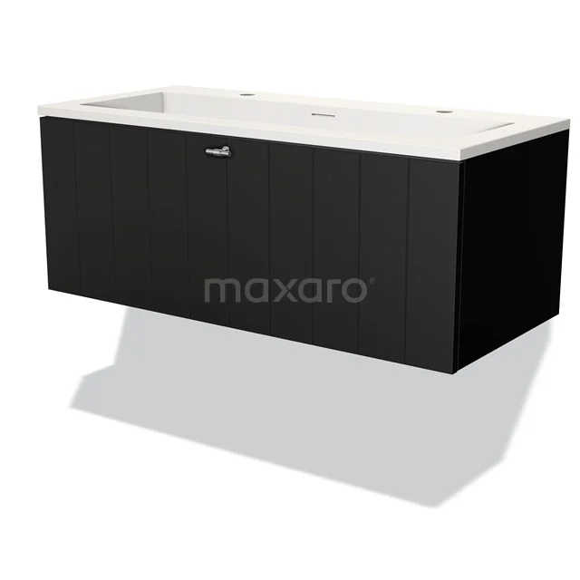 Modulo Vanity units with basin | 100 cm Matte black Slat front Solid surface 1 drawer BMW11-02626 Black wooden bathroom unit with white vanity units with basin, sleek design, ideal for modern bathrooms.