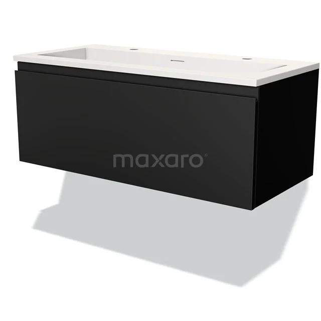 Black rectangular basin bathroom furniture set with white basin, modern design, floating model, suitable for stylish bathrooms.