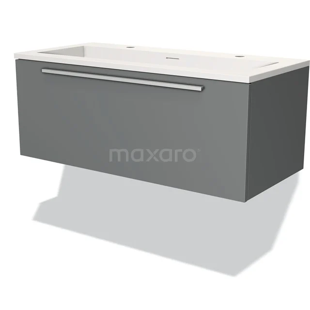 Grey hanging bathroom cabinet with white basin, modern design, fitted with a slim metal handle.