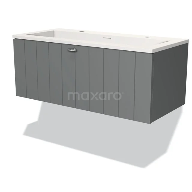 Modulo Bathroom furniture with sink | 100 cm Mid grey Slat front Solid surface 1 drawer BMW11-02629 Grey wooden bathroom unit with modern white vanity units with basin, featuring a sleek panel design and a single chrome handle.