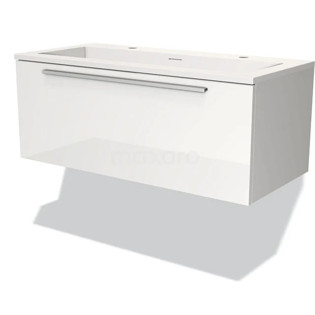 White floating vanity unit with drawers, modern design and chrome handle, ideal for stylish bathroom design.
