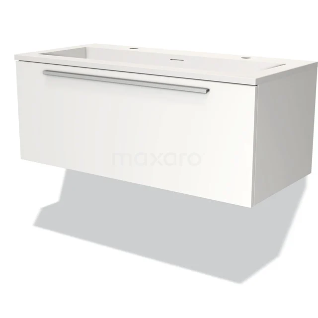 Modulo Bathroom furniture with sink | 100 cm Matte white Flat front Solid surface 1 drawer BMW11-02634 White floating vanity unit with modern design, featuring a metal handle and luxury ceramic basin for the bathroom.