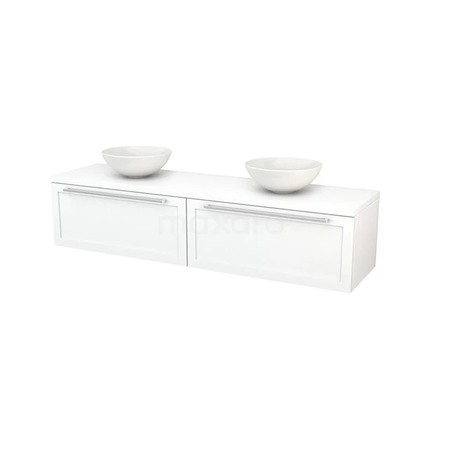 White floating bathroom unit with double basin, modern design, two drawers and ceramic bowls.