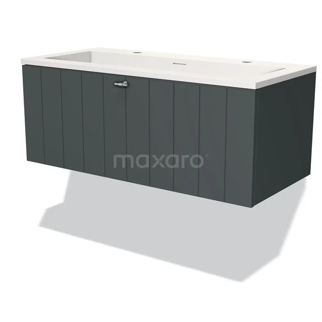 Grey bathroom furniture set with wood-look front, modern basin and minimalist design, perfect for a stylish bathroom.