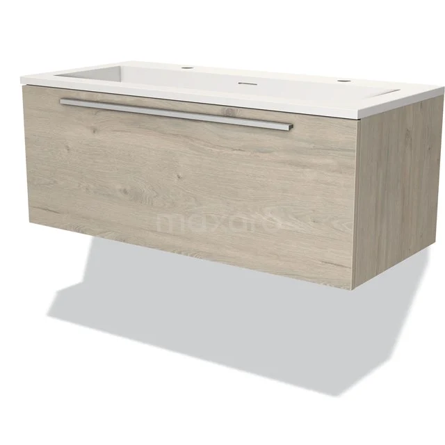 Holz Badmöbel mit Waschbecken, helle Eiche Oberfläche, schlankes Design und breite Schublade. Perfekt für ein modernes Badezimmer.