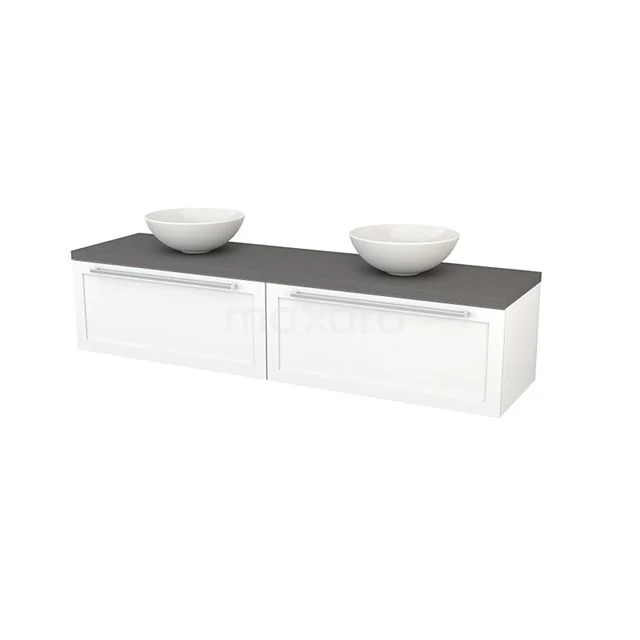 White bathroom unit with black top and two countertop wash basins, modern design, suitable for stylish bathroom design.