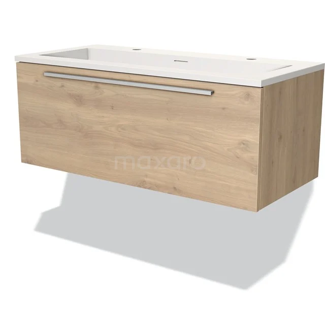 Wooden bathroom unit with drawers, natural wood colour, white Basin worktop, modern design for a stylish bathroom.