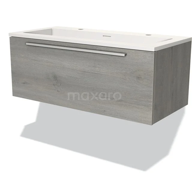 Moderne Holzoptik Badmöbel mit Waschbecken, graue Eiche Finish und schlankem Design, perfekt für eine stilvolle Badezimmerinrichtung.