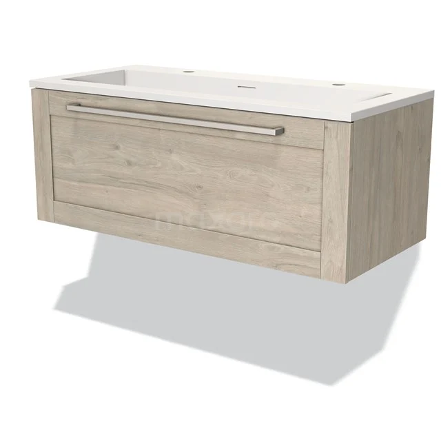 Holz-Badmöbel mit Schublade und weißem Waschbecken, aus der Scandinavian Oak-Serie, ideal für stilvolle Badezimmerlagerung.