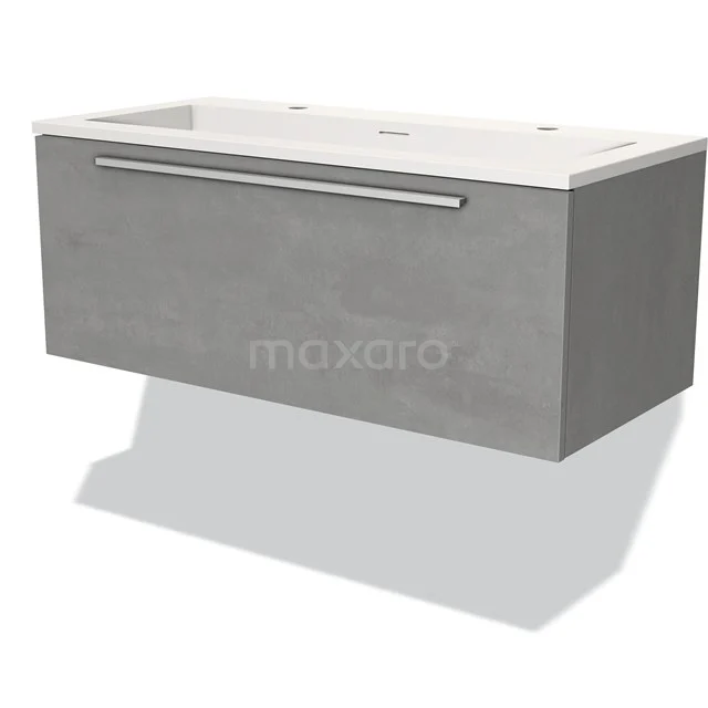 Grey vanity unit with concrete look, wide design and chrome handle, ideal for a modern bathroom style.