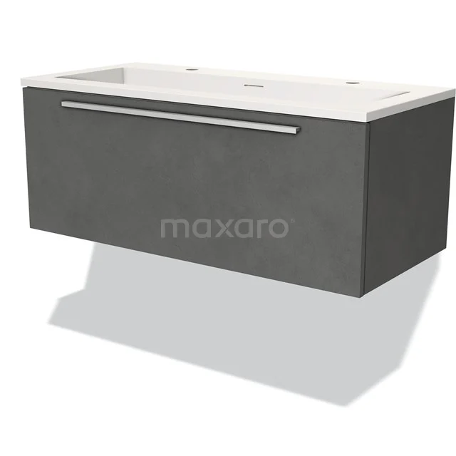 Grey bathroom unit with basin, sleek design, rectangular, with metal Handle; perfect for modern bathroom design.