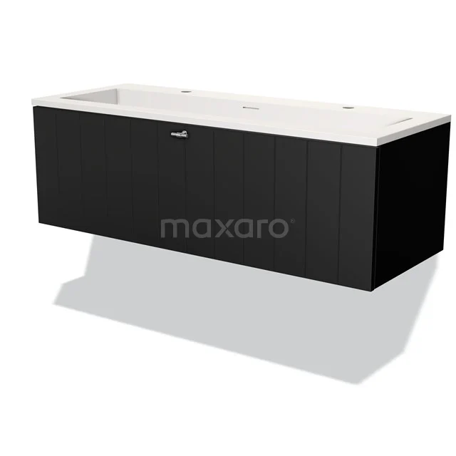 Black floating bathroom unit with vanity units with basin in white, modern design and wood-look finish.