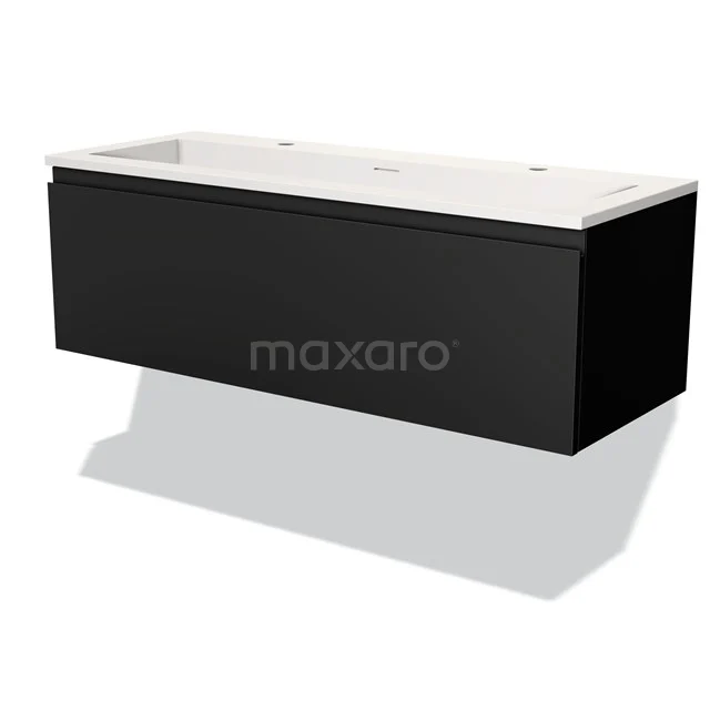 Modulo Vanity units with basin | 120 cm Matte black Handle-less front Solid surface 1 drawer BMW11-02691 Black floating basin base cabinet, rectangular design with white ceramic basin, ideal for a modern bathroom.