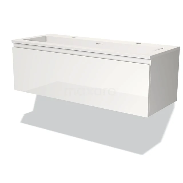 Modulo Bathroom furniture with sink | 120 cm High-gloss white Handle-less front Solid surface 1 drawer BMW11-02697 White rectangular bathroom unit with clean finish, hanging design and modern look, ideal for stylish bathrooms.