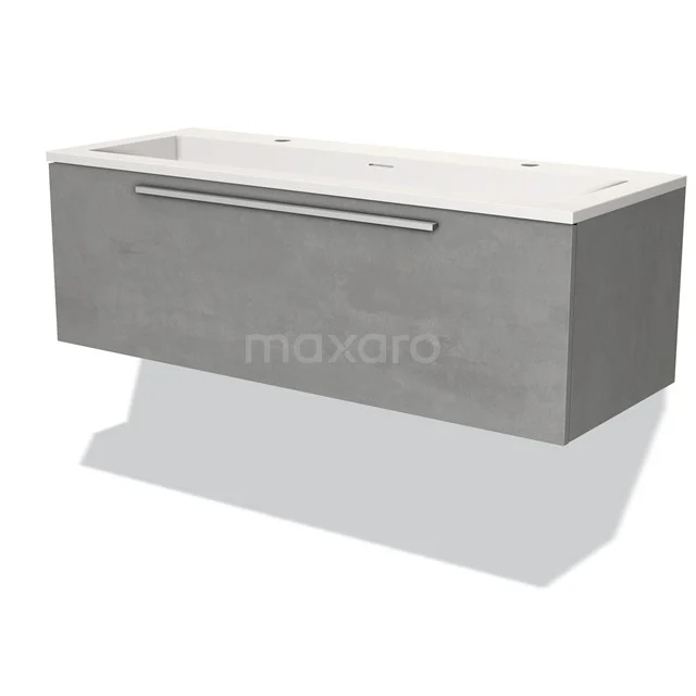 Grey hanging bathroom cabinet with drawers, white basin and sleek modern design, ideal for stylish bathroom decor.