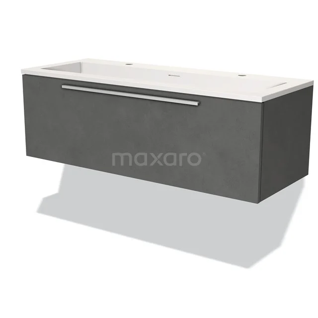 Modulo Waschtische | 120 cm Dunkelgrauer Beton Flach front Solid Surface 1 Schublade BMW11-02720 Matgraues Waschtischmöbel mit integrierter weißer Waschbecken, moderne Ausstrahlung und chromfarbener Haltegriff für stilvolle Badezimmergestaltung.