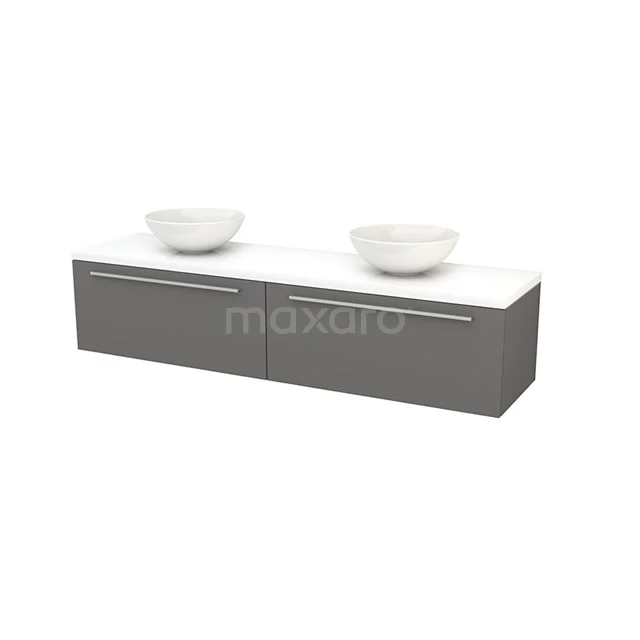 Grey bathroom furniture set with double basin worktop and white basin worktops, sleek design and modern materials.