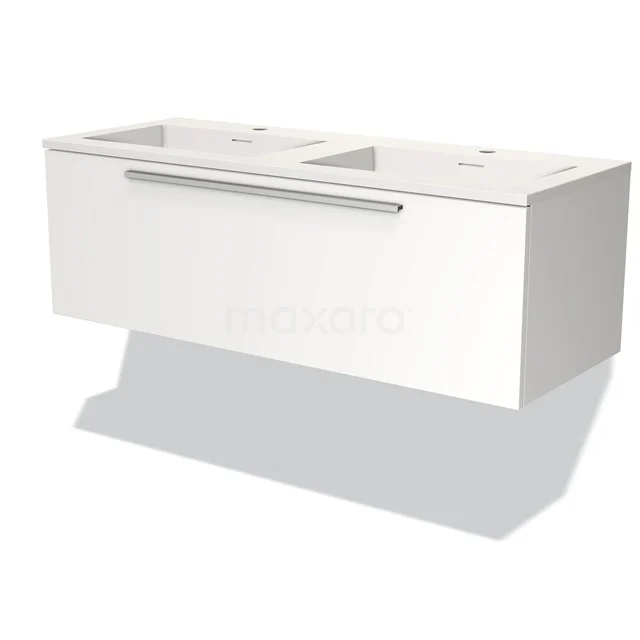 White bathroom unit with double basin, modern design, floating model with clean lines and integrated storage drawer.