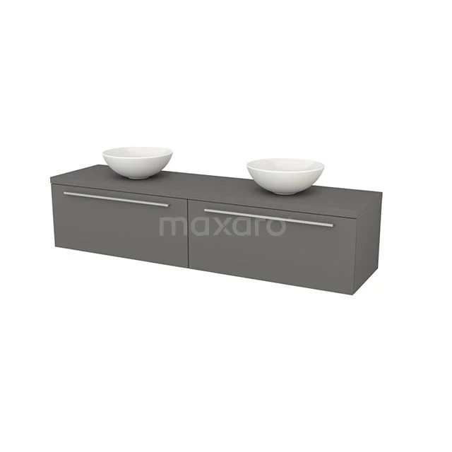 Grey bathroom furniture set with double basins, sleek design and two drawers, ideal for a modern bathroom look.