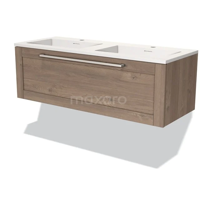 Modulo Vanity units with basin | 120 cm Mid brown oak Frame front Solid surface 1 drawer BMW11-02746 Wooden vanity unit with double basin, modern design, storage drawer and white ceramic wash basins, suitable for bathroom fittings.