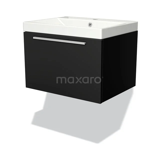 Modulo Waschtische | 60 cm Matt Schwarz Flach front Keramik 1 Schublade BMW11-02753 Schwarzes hängendes Badmöbel mit weißem Waschbecken, modernes Design und metallischem Haltegriff, ideal für einen klaren Badezimmerstil.