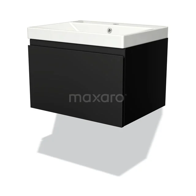 Schwarzer hängender Badschrank mit weißem keramischen Waschbecken, modernes Design und Stauraum für einen modernen Badezimmerstil.