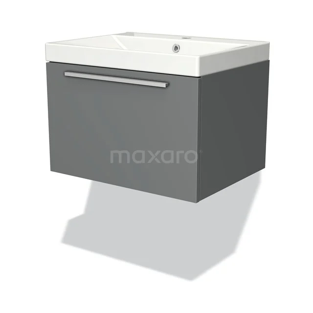 Badmöbel 60cm Modulo Mittelgrau 1 Schubladen-Flachwaschbecken aus Keramik BMW11-02756 Grauer schwebender Badschrank mit weißem Waschbecken, schlichtes Design und metallischem Haltegriff, ideal für moderne Badezimmergestaltung.