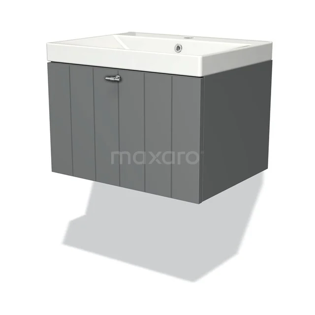 Grey hanging bathroom unit with white vanity units with basin, modern design and vertical stripes; perfect addition to your bathroom.