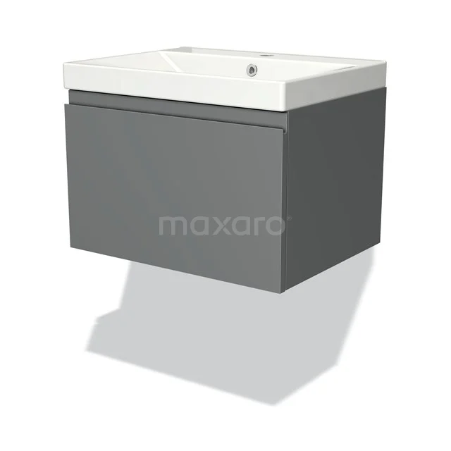 Grey wall unit with white ceramic basin, modern design, ideal for compact bathrooms.