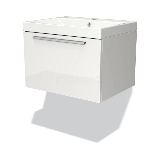 Weißes hängendes Badmöbel mit keramischem Waschbecken, modernes Erscheinungsbild und praktischer Schublade, ideal für ein elegantes Badezimmer.