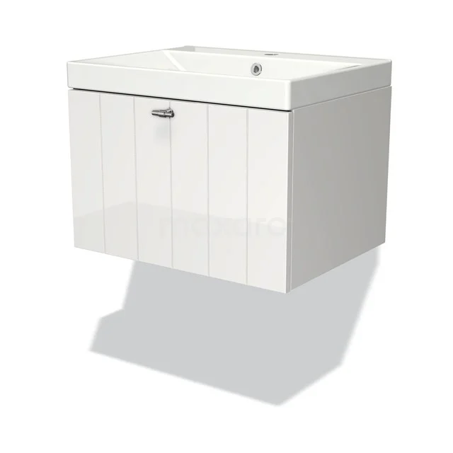 White suspended vanity unit with integrated ceramic basin, wood-grain structure and soft-close drawers; ideal for bathroom storage.