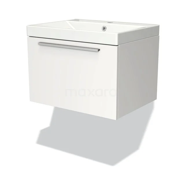 Badmöbel 60cm Modulo Matt Weiß 1 Schublade Flaches Waschbecken Keramik BMW11-02762 Weiße schwebende Badschrank mit Schublade, glänzender Oberfläche und integriertem Waschbecken, ideal für ein modernes Badezimmer.