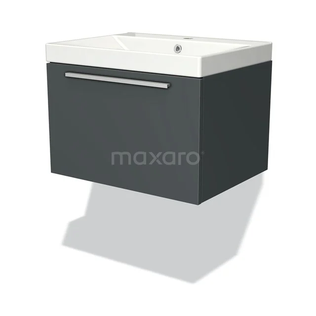 Dark grey bathroom cabinet with white sink, modern design and single drawers, ideal for stylish bathroom decoration.