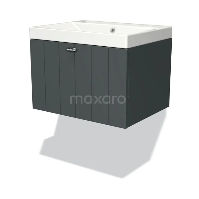 Modulo Waschtische | 60 cm Dunkelgrau Lamelle front Keramik 1 Schublade BMW11-02766 Dunkelgrauer hängender Badschrank mit weißem Waschbecken, modernes Design und vertikalen Linien, ideal für kleine Bäder.