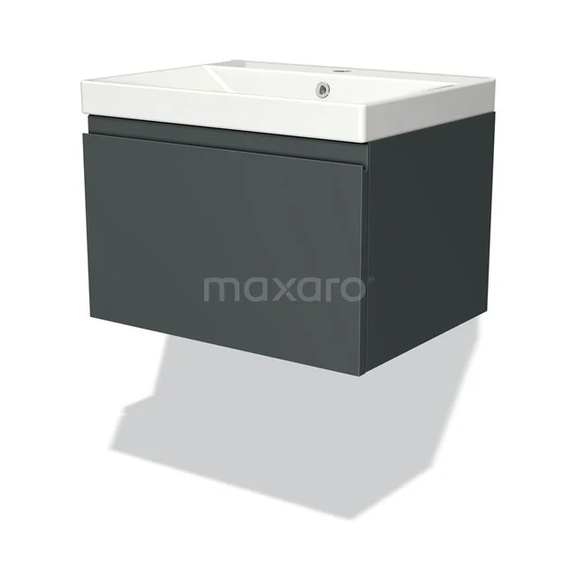 Dark grey hanging vanity unit with white ceramic sink, ideal for a modern bathroom design.