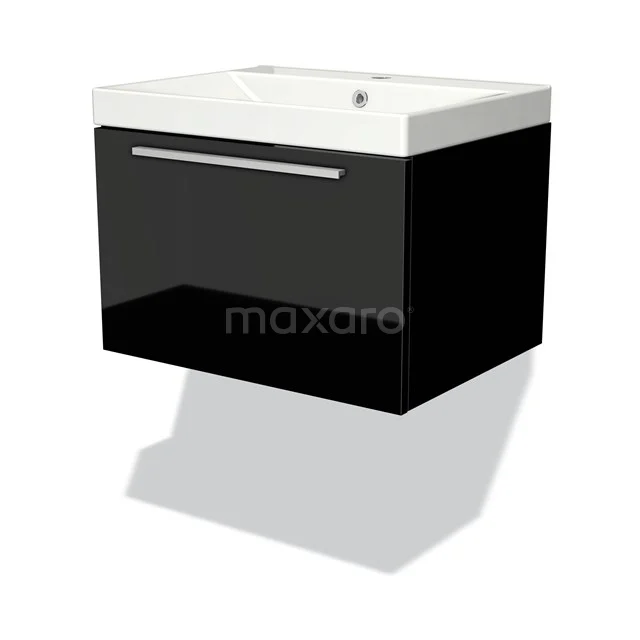 Schwarzes Badmöbel mit Schublade, glänzender Oberfläche und eingebautem Waschbecken, ideal für moderne Bäder.