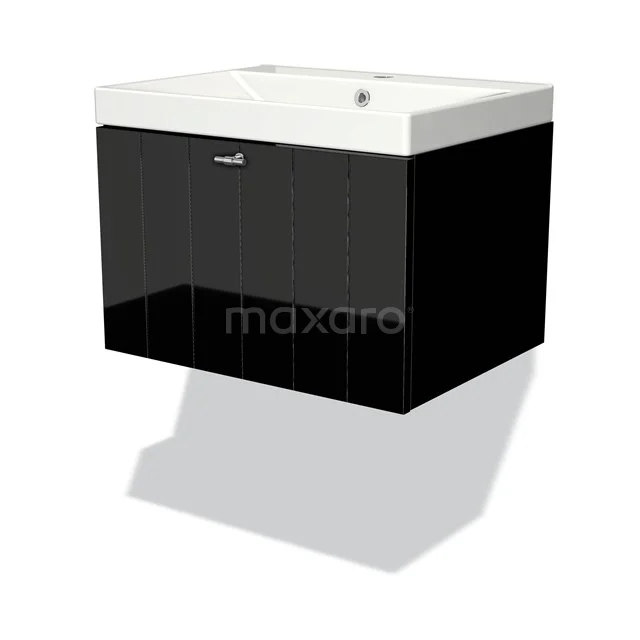 Black and white bathroom unit with high-gloss black cabinet, integrated vanity units with basin and chrome handle, modern design.