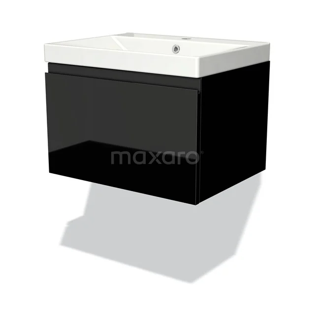 Modulo Waschtische | 60 cm Hochglanz Schwarz Grifflos front Keramik 1 Schublade BMW11-02770 Schwarz hängendes Badmöbel mit weißem Waschbecken, kompaktes Design und sauber verarbeitet; ideal für moderne Bäder.