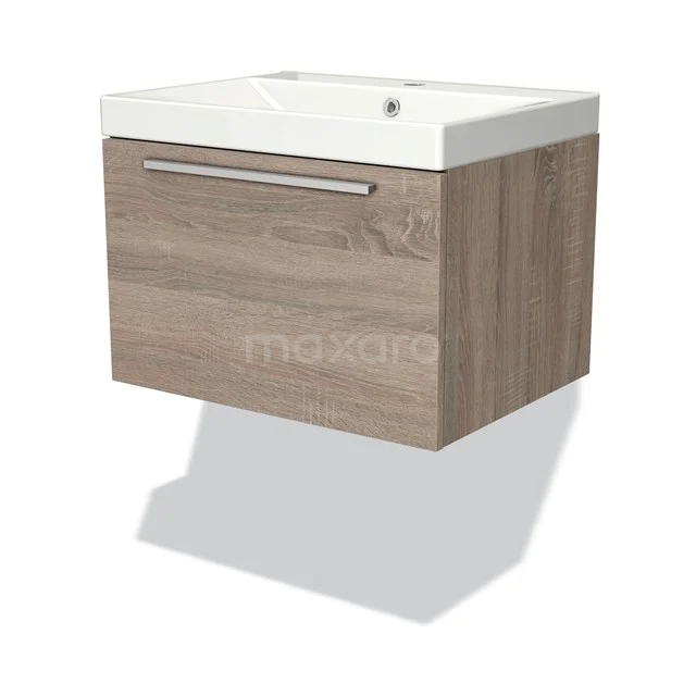 Holz-Badmöbel mit weißem Waschbecken, minimalistisches Design, Soft-Close-Schublade und Wandmontage.