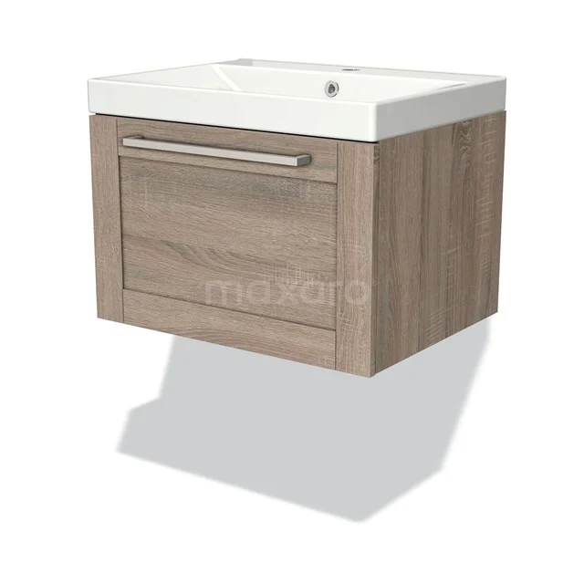 Wooden bathroom unit with drawers and white vanity units with basin, modern design, ideal for compact bathrooms.