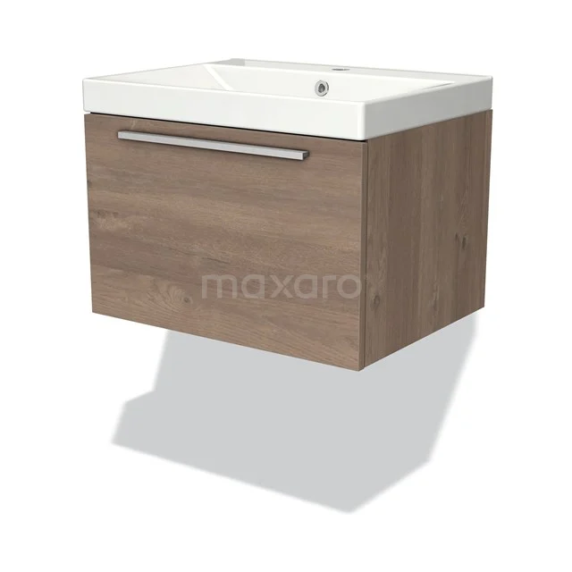 Modulo Bathroom furniture with sink | 60 cm Mid brown oak Flat front Ceramic 1 drawer BMW11-02777 Wooden bathroom cabinet with a white basin, wall-mounted, minimalist design, ideal for modern bathrooms.