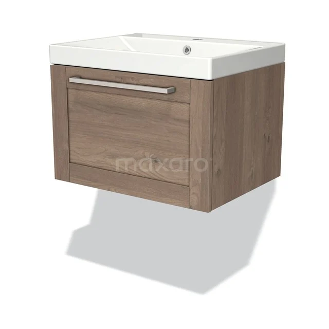 Modulo Waschtische | 60 cm Mittelbraune Eiche Rahmen front Keramik 1 Schublade BMW11-02778 Holz-Badmöbel mit Schublade, Wandmodell, inklusive weißem keramischen Waschbecken, kompaktes Design für moderne Bäder.