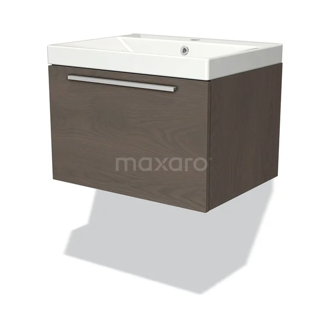 Wandhängendes Badmöbel in Eiche-Look, mit weißem Waschbecken, breiter Schublade und minimalistischem Design.